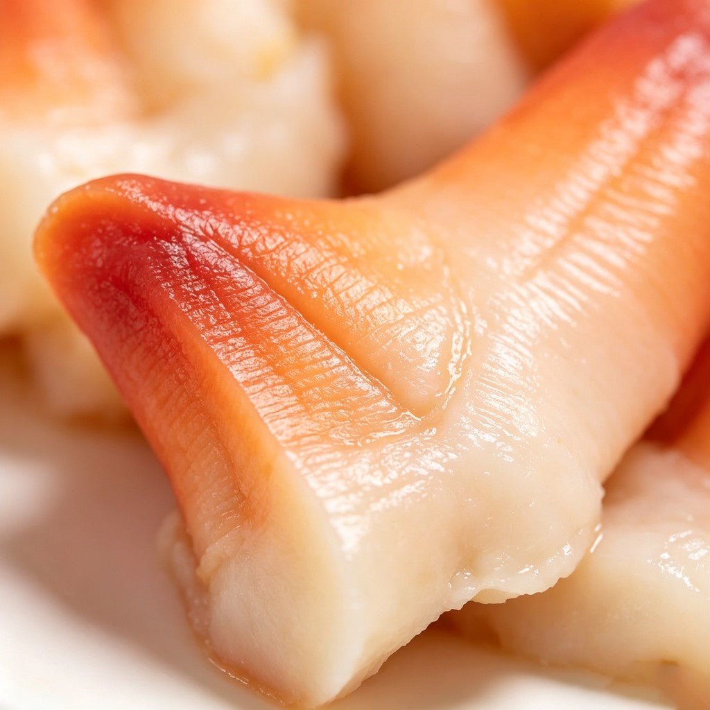 Sliced geoduck siphon meat arranged on a white plate