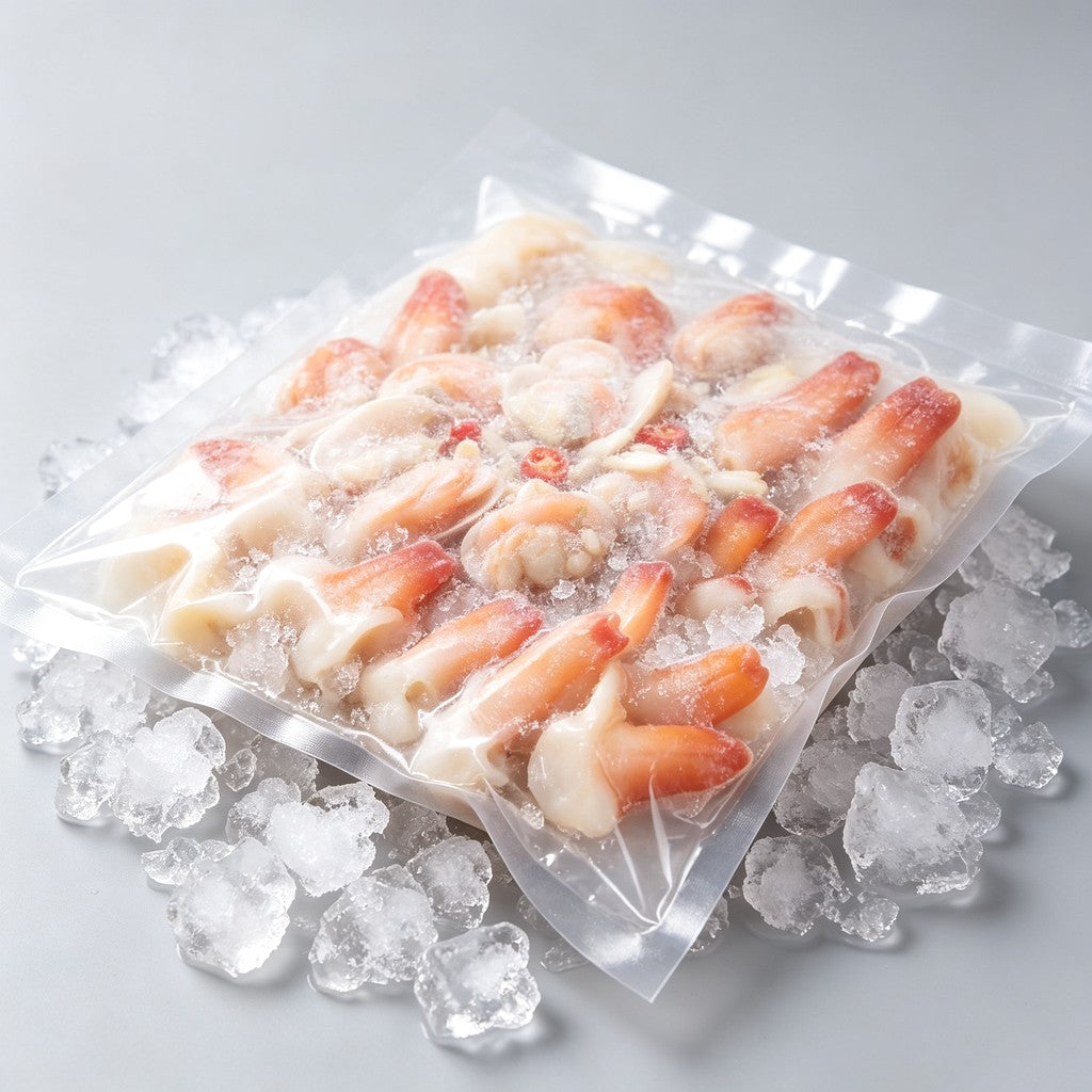 Chilled geoduck siphon pieces resting on crushed ice