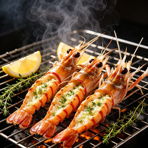 Scampi grilling on a rack over an open flame