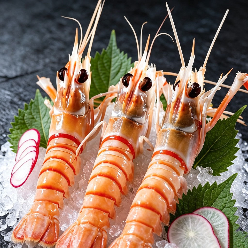 Raw scampi piled on crushed ice with lemon