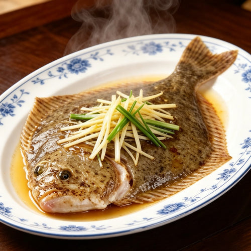 Steamed whole turbot garnished with ginger and spring onion