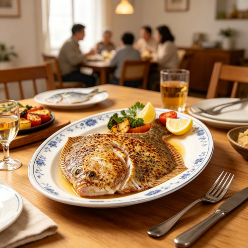 Plated turbot dish set on a restaurant table