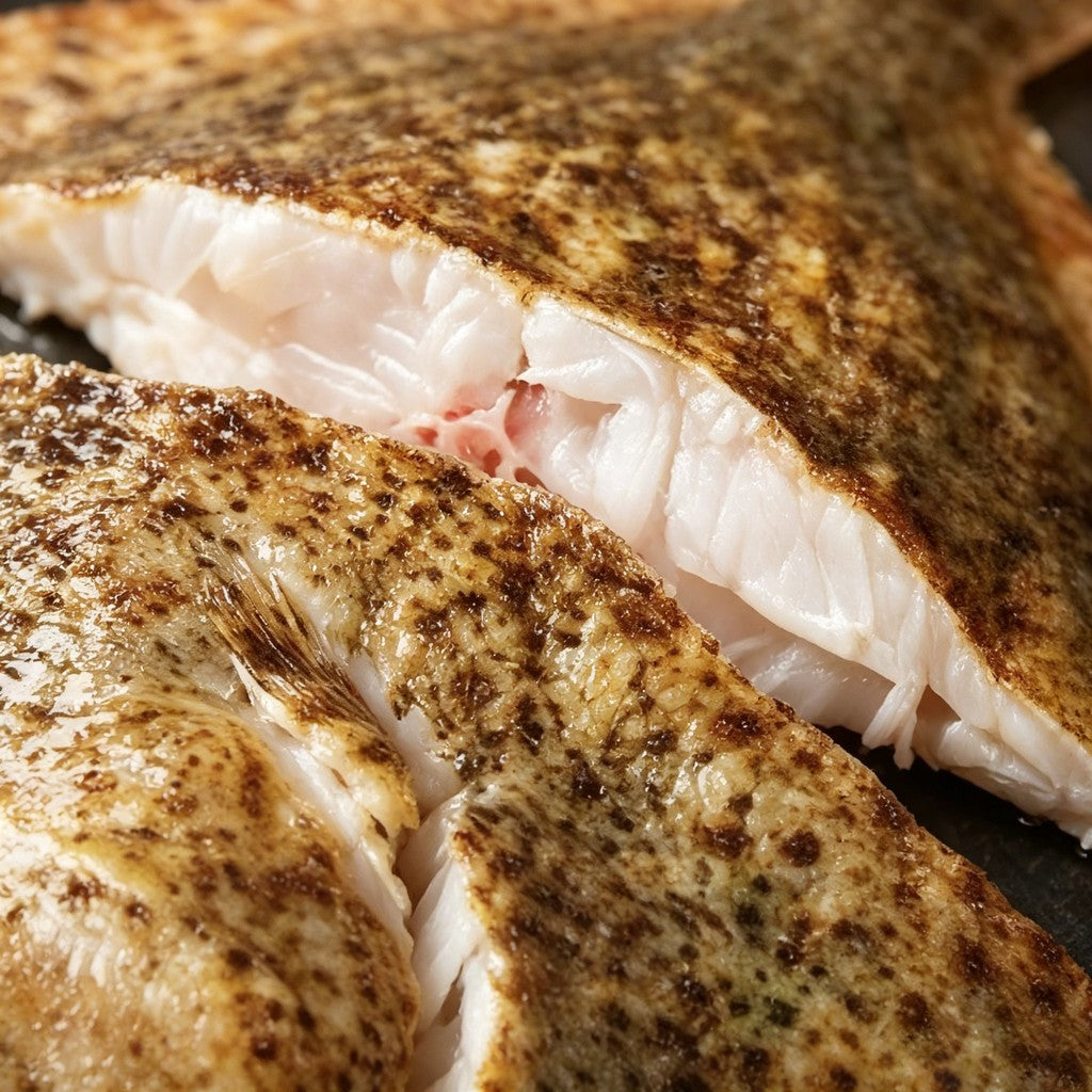 Close-up of cooked turbot flesh and mottled skin