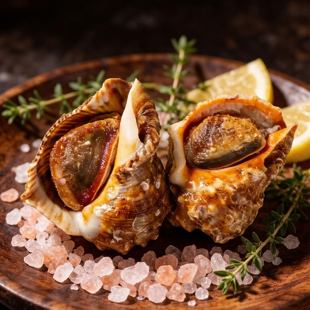 Salt-roasted sea conch served on a plate