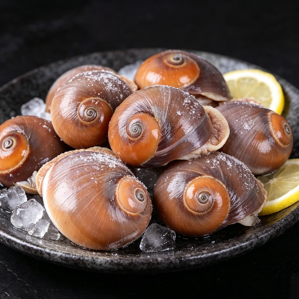 Round moon snails on crushed ice with a lemon wedge