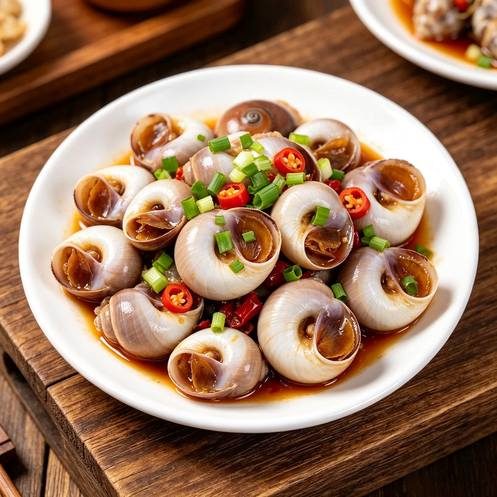 Moon snails tossed with chilli and spring onion in a bowl