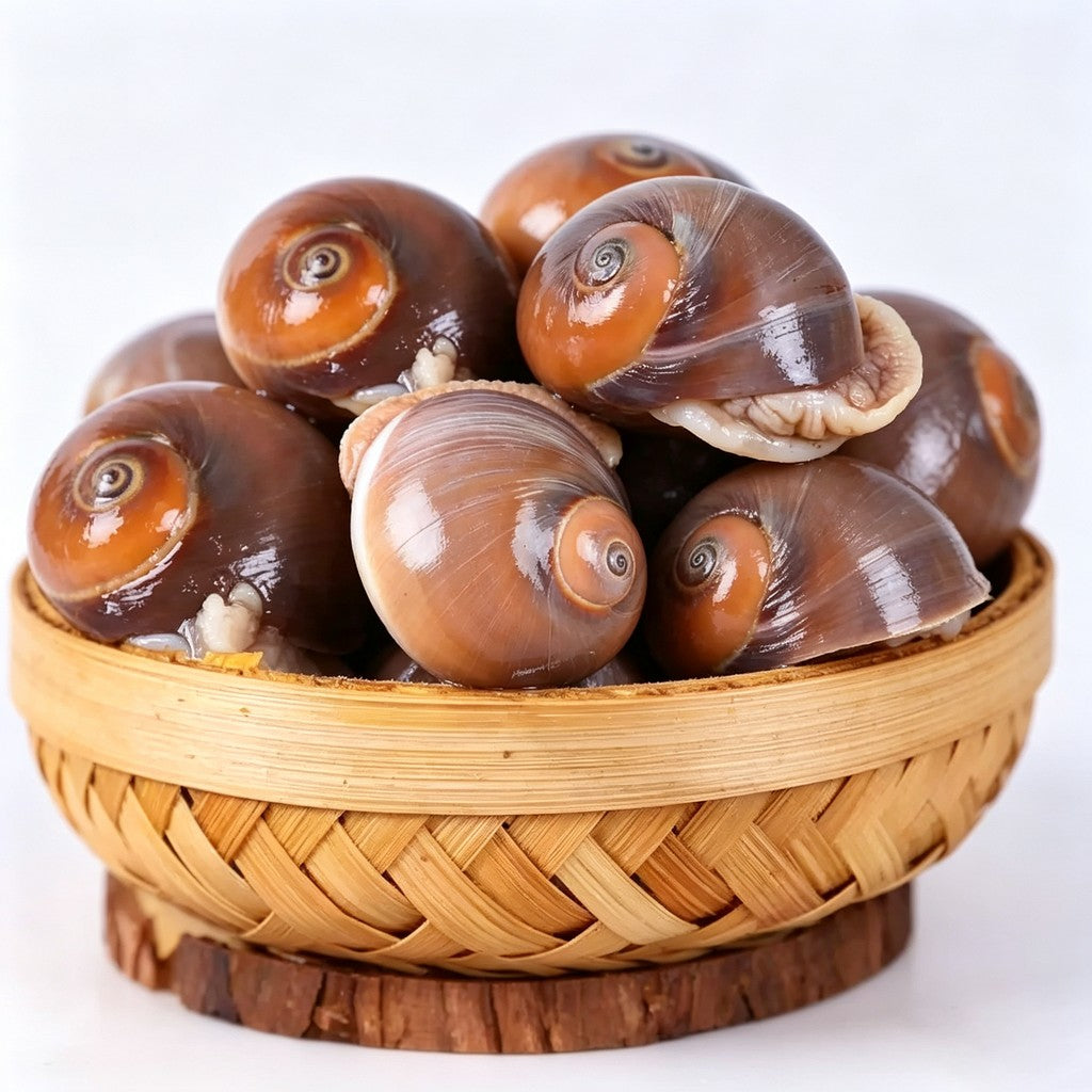Moon snails piled in a woven bamboo basket