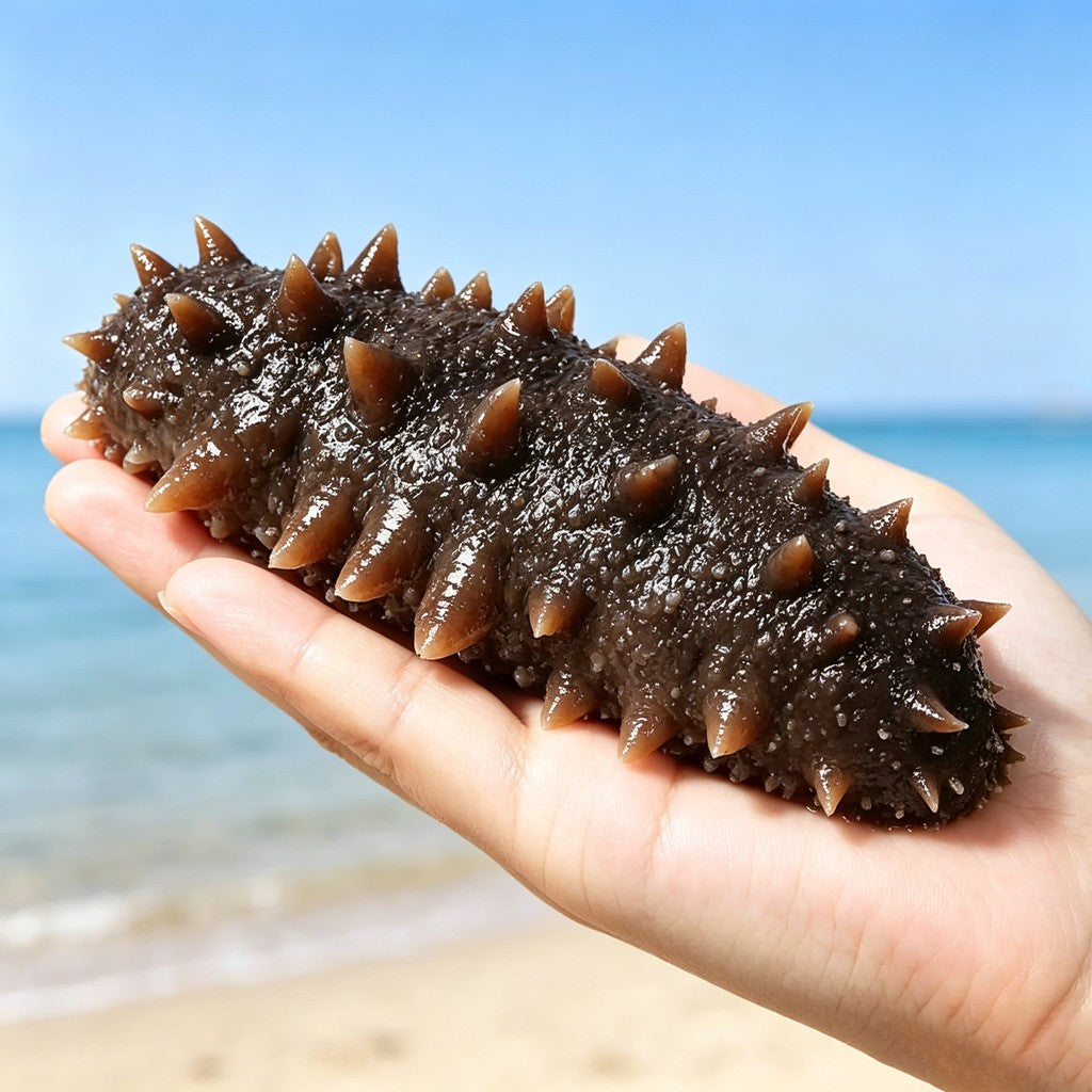 Hand holding a whole sea cucumber at the shore
